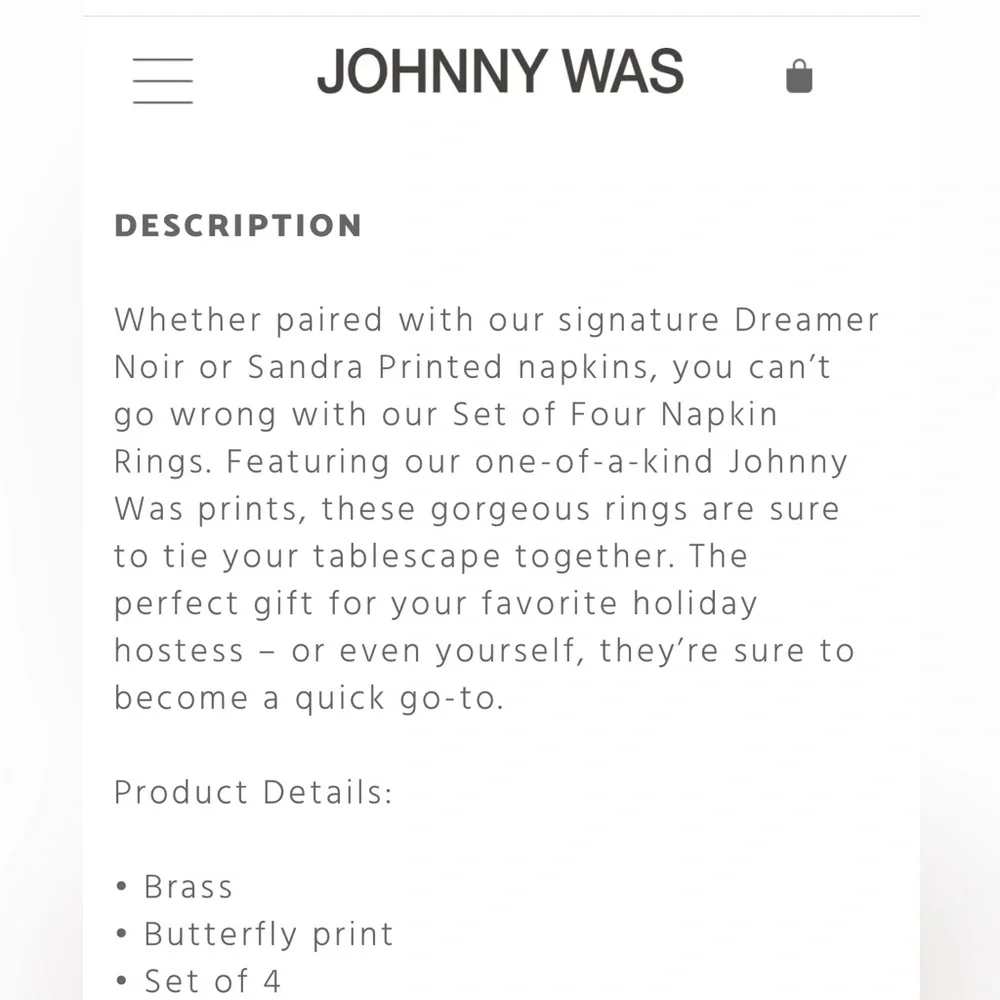 NWT set of 4 Johnny Was Butterfly 🦋 Brass Napkin Rings. - Picture 5 of 8